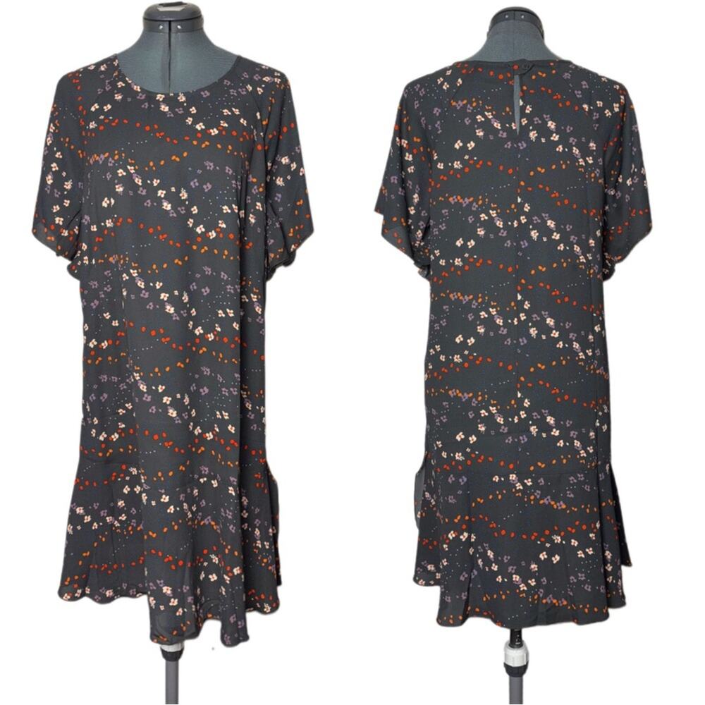 Cabi Women's Muse Dress Medium Grey Floral Print Flutter Sleeve Ruffle Hem #3828